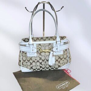 Coach Hampton Signature Carryall Tote Bag Brown Logo Canvas & White Leather